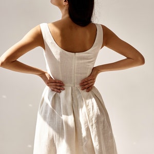 FIONA Ivory Linen Dress – Embroidered Sundress with Pockets, Open Back, Sleeveless, 50s Summer Midi white dress