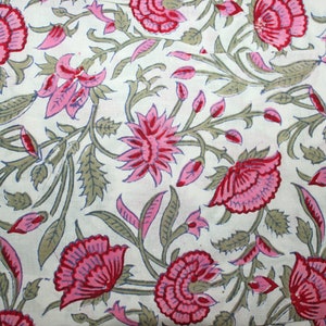 White Base with Pink Floral Kalamkari Batik Ikat Print Jaipur Hand Block Print fabric , 100% Cotton fabric