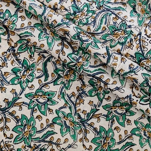 Beige, Green Floral, Kalamkari Batik Print Jaipur Hand Block Print fabric , 100% Cotton fabric