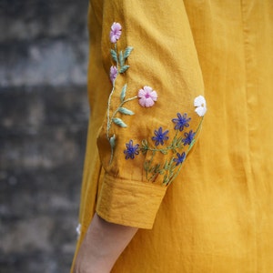 Handmade embroidery linen dress DARIA, Flower embroidered dress, Linen dress for wedding guest, Long dress with sleeves