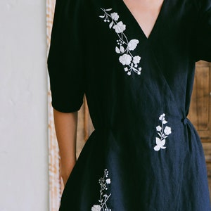 Black dress with white flowers, hand embroidered linen dress for women, floral embroidery dress, handmade dress, tinythingsmadeuhappy