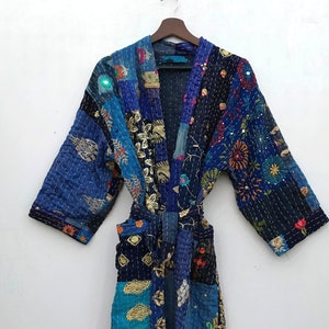 Kantha Kimono Robe, Jacket Coat, 100% Cotton Patchwork Embroidery Jacket Coat, Hand-Stitched, Bohemian Patchwork Kimono, Dressing Gown