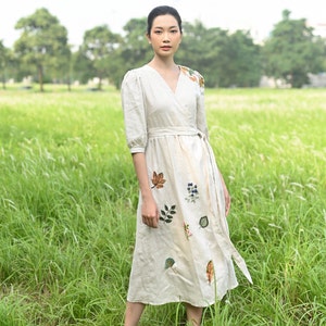 Handmade embroidery linen dress LEAH, Wrap linen dress long sleeves, Linen dress for wedding guest, Linen dress tie waist, Linen dress