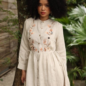 Polish kaszubian floral embroidered dress BASIA, Vintage linen dress, Linen midi dress for women, Wedding guest linen dress, Tie waist dress