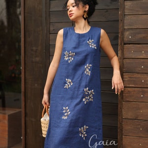Floral embroidered dress NYLA, Hand embroidered linen dress, Linen midi dress, Summer linen dress, Sleeveless dress, Embroidered linen dress