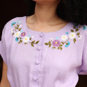 Hand embroidered linen dress VIOLET, Linen midi dress short sleeves, Floral embroidered dress, Embroidered lavender dress, a-line midi dress