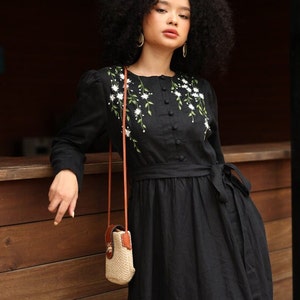 Black linen dress SEUL, Hand embroidered linen dress, Vintage linen dress, Linen midi dress long sleeve, Floral embroidered dress
