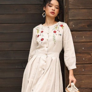 Hand embroidered linen dress FIONA, Floral embroidered dress, Front button dress, a-linen midi dress, Wedding guest linen dress, Linen dress
