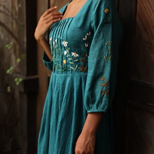 Elegant midi dress for women, Hand embroidered linen dress ELANA, Vintage linen dress, Floral embroidered dress, Wedding guest linen dress