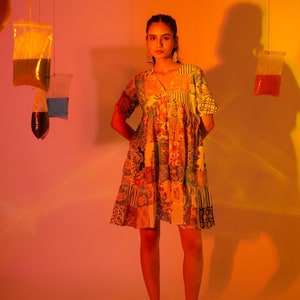 Patchwork Flared Dress, Printed Colourful Patchwork Dress, Patchwork, Made In India, Hand Block Print Dress, Patch Design Block Print Dress