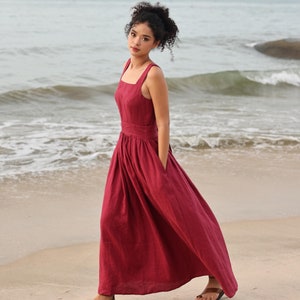 Linen dress with bow at back CHERYL, Summer sleeveless linen dress, Square neckline dress, Casual linen dress with pockets, Linen midi dress