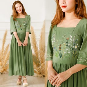 Linen Square Neck Dress, Wildflowers Embroidered Linen Dress, Maxi Linen Dress, Cottagecore Dress, Summer Linen Dress, Pleated Linen Dress