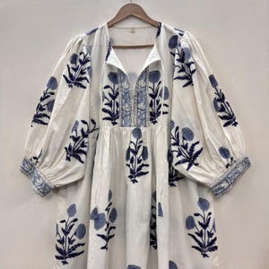 Blue Floral Block Print dress Kyra Midi Dress | Bohemian Cotton Dress Dresses for Women Gift For Your Loved short tunics String Closer Full