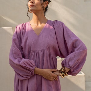 Oversize Linen Boho Dress, Ankle Length Dress Lined with Cotton, Puff Sleeve Linen Dress, Plus Size Clothing