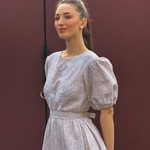Floral embroidered linen midi wedding dress Simple bridal gown