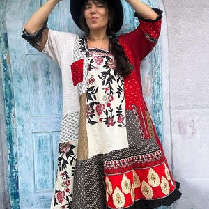 Plus size L-XXL Fantasy India embroidered fabrics deep colors patchwork recycled hippie boho tunic dress